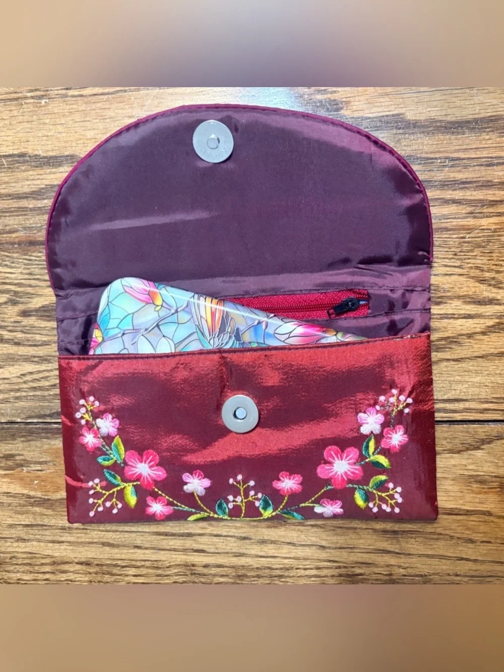 Embroidered & Beaded Burgundy Satiny Clutch - Floral on Burgundy